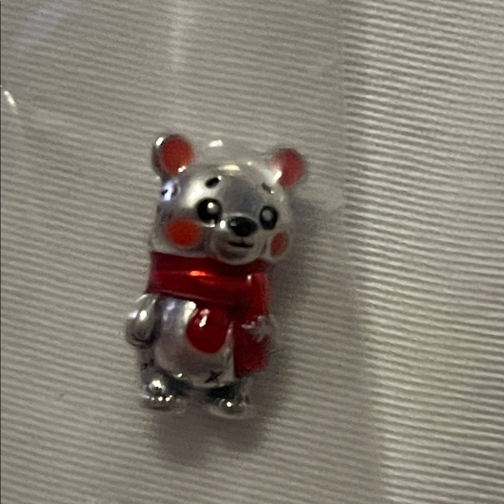 Cute Silver Bear Pin with Red Scarf